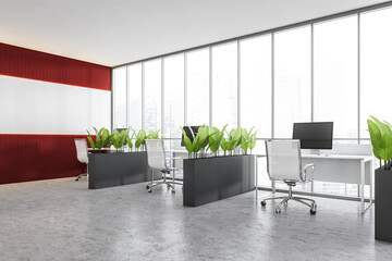 Red and white open space office corner