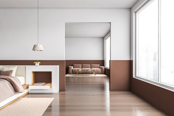 White and brown bedroom and living room interior