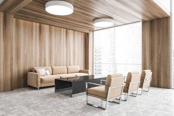 Business office interior with brown sofa and wooden walls, lobby waiting room