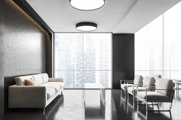 Business office interior with white sofa and black walls, lobby waiting room