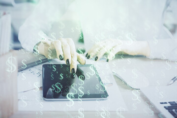 Fototapeta na wymiar Double exposure of forex chart sketch hologram and woman holding and using a mobile device. Financial market concept.