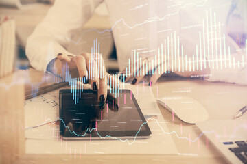 Double exposure of forex chart sketch hologram and woman holding and using a mobile device. Financial market concept.