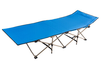 blue new cot for camping or travel, on white background - obrazy, fototapety, plakaty