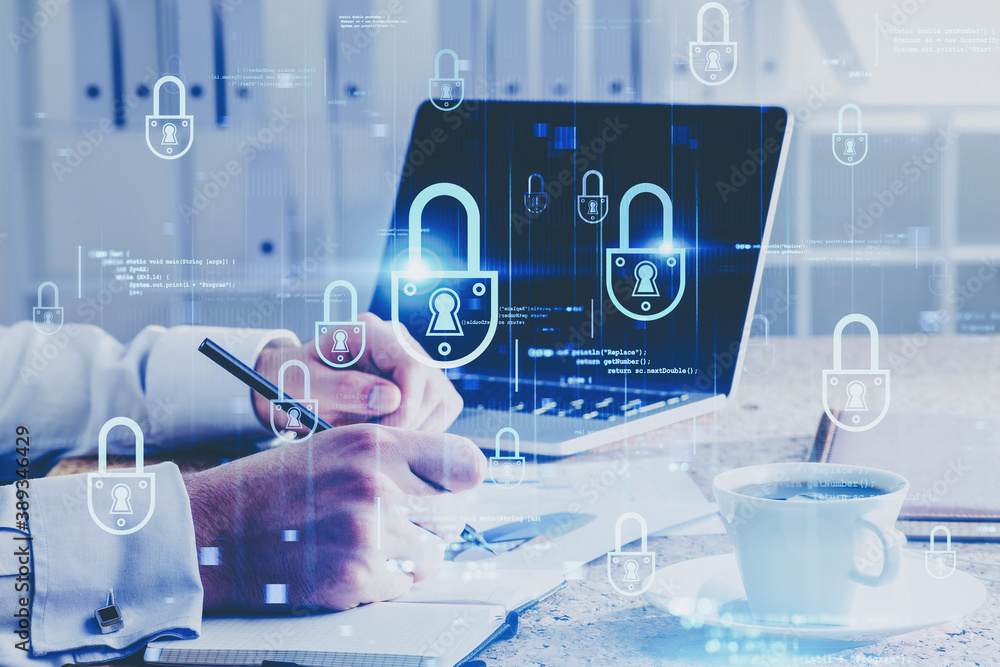 Poster man with laptop and cyber security interface