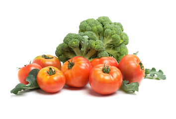 Fresh tomato and broccoli vegetable on white background