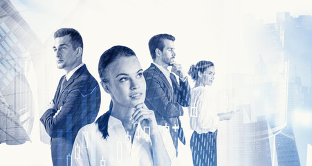 Four successful business people in abstract city