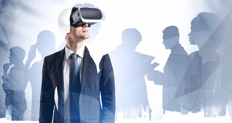 Young businessman in VR glasses in city and his team