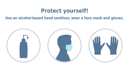 Vector poster 'Protect yourself! Use an alcohol-based hand sanitizer, wear a face mask and gloves'. 3 icons set. Personal protective equipment items illustration for health posters and banners.