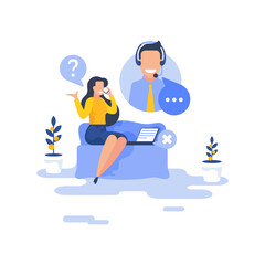 Flat woman communicating with support agent vector illustration