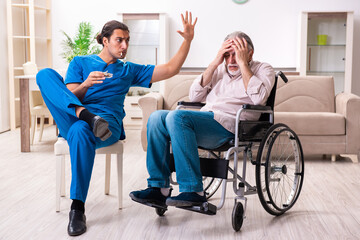 Old man in wheel-chair and young bad caregiver indoors