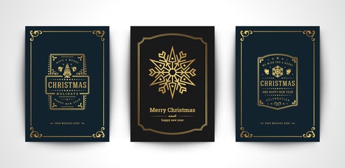 Christmas greeting cards set and ornate typographic winter holidays text vector illustration.