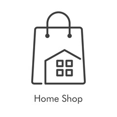 Logotipo con texto Home Shop con bolsa de la compra con tejado de casa y ventanas con lineas en color gris