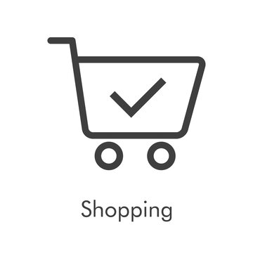 S&iacute;mbolo de tienda en l&iacute;nea. Logotipo lineal con texto Shopping con carrito de la compra con tilde de casilla de verificaci&oacute;n en color gris