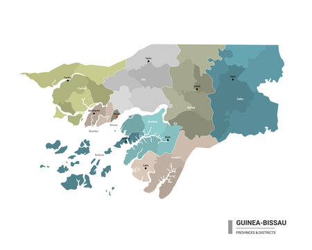 Guinea-Bissau higt detailed map with subdivisions. Administrative map of Guinea-Bissau with districts and cities name, colored by states and administrative districts. Vector illustration 