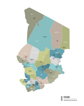 Chad higt detailed map with subdivisions. Administrative map of Chad with districts and cities name, colored by states and administrative districts. Vector illustration