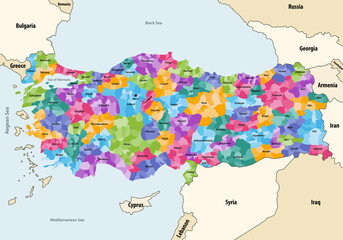 Turkey distrcts colored by provinces vector map with neighbouring countries and territories