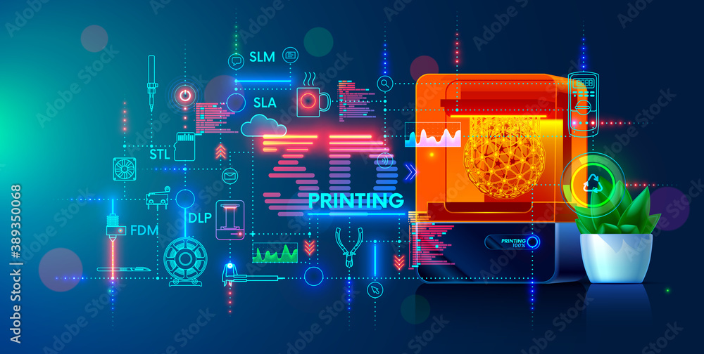 Leinwandbilder 3d printing and additive technology banner. 3d printer on workplace of engineer maker with abstract tech schema of additive technologies. Education of three-dimensional printing, engineer development