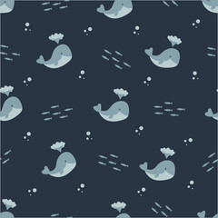 Whales blue seamless pattern for children. Vector background for printing on bed linen, clothes.