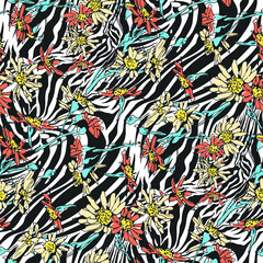 Seamless vector zebra and flowers pattern. Trendy stylish wildlife jungle print. Animal print background for fabric, textile, design, advertising banner etc.