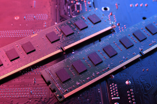 Computer memory RAM on circuit motherboard background . Close up. system, main memory, random access memory, onboard, computer detail. Computer components . DDR3. DDR4. DDR5