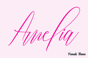 Amelia-Female Name Calligraphy Cursive Dork Pink Color Text on Light Pink Background