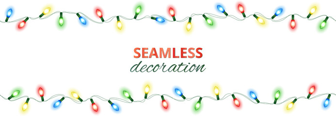 Christmas lights, isolated seamless vector decoration. Good for white, dark or colored background. Holiday border, lamps frame. Winter season illuminated garland. For New Year banners, party posters.