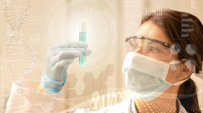 female scientist with mask and laboratory glasses analyzes a test tube on digital background with dna and holographic images - concept of experiment and chemical and microbiological research