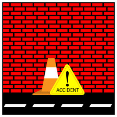 Roadblock and accident Sign. Vector Illustration on Brick wall background.	
