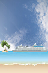 Picturesque tropical island beach scene with cruise ship anchored offshore set against a blue cloudy sky
