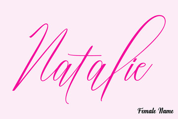 Natalie-Female Name Calligraphy Cursive Dork Pink Color Text on Light Pink Background