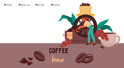 Coffee house or cafeteria website interface design with tiny man and decorative coffee elements. Landing web page template for coffee products selling flat vector illustration.