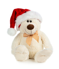 Toy teddy bear wearing a santa hat