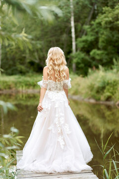 portrait of the bride in a beautiful wedding dress, blonde, gentle photo wedding portrait in nature. Back view, no face.