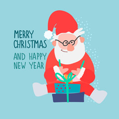 Merry Christmas and Happy New Year greeting card. Hand drawn funny Santa Claus with gift packages on blue background