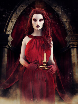 Fantasy scene with a vampire woman holding a candle and standing in a dark castle room. 3D render - the woman in the image is a 3D object.