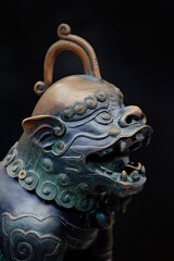 Fototapeta premium Chinese guarding statue of a beast on a black background