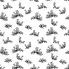 Fototapeta na wymiar A seamless pattern, branches of pine with cones chaotically located on a white background, monochrome image.
