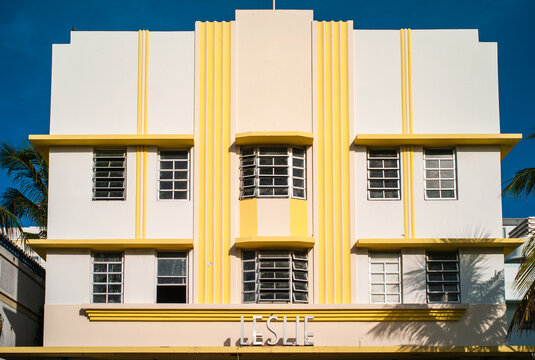 Miami Beach, Florida, United States - July 7 2012: Leslie Hotel Facade on Ocean Drive in the Art Deco District in South Beach, designed by Albert Anis in 1937.