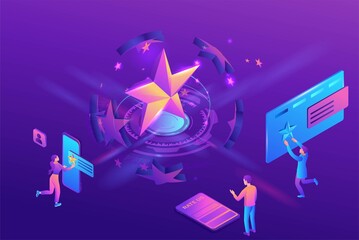 Feedback concept with 3d isometric star icon, customer rate product, client satisfaction survey, people review quality of service, purple vector illustration - 389355834