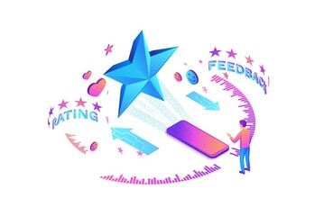 Feedback concept with 3d isometric star icon, customer rate product, client satisfaction survey, people review quality of service, purple vector illustration