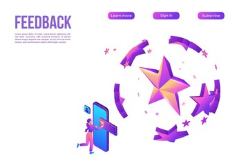 Customer review products, mobile app for rating, client upload feedback by smartphone,purple isometric vector illustration, landing page template