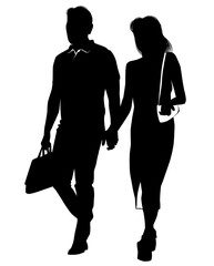 Silhouette of a young man walking hand in hand with a girl