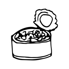 Hand drawn vector camping canned food clipart. Isolated on white background drawing for prints, poster, cute stationery, travel design. High quality illustration