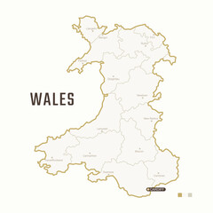 Map of Wales with border, cities and capital Cardiff. Each city has separately for your design. Vector Illustration