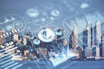 Double exposure of technology theme hologram and cityscape background. Concept of Hightech.