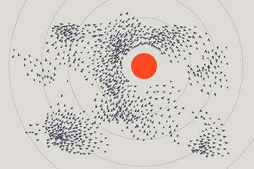 Obstacle avoidance behaviour. Crowd of people behaviour. Flocking boids simulation. Artificial life model. Swarm formation. Group of boids.