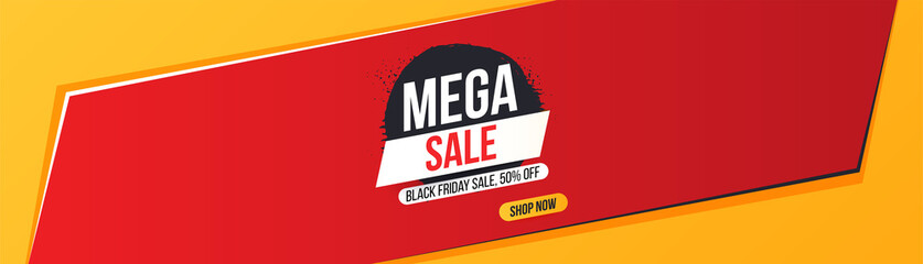 Horizontal concise banner for Black Friday and Mega sales and discounts. MEGA SALE inscription on ink stain for mega sale. Bright, easily editable vector concept.