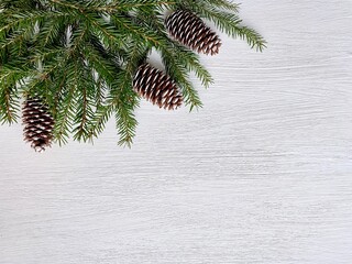 Spruce branches with cones in the upper corner on a white background.  New year concept.  Christmas composition.  Flat lay, top view, copy space for your text.