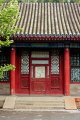 Chinese door entrance with red pillars