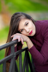kobieta, beuty, piękne, młoda, portret, moda, osoba, park, radosna, brunetka